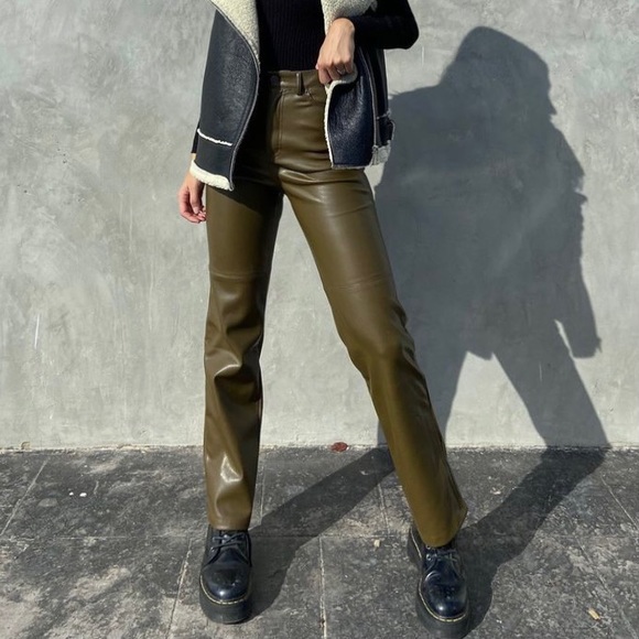 Zara genuine leather straight leg pants limited edition blogger aritzia melina - Picture 4 of 13